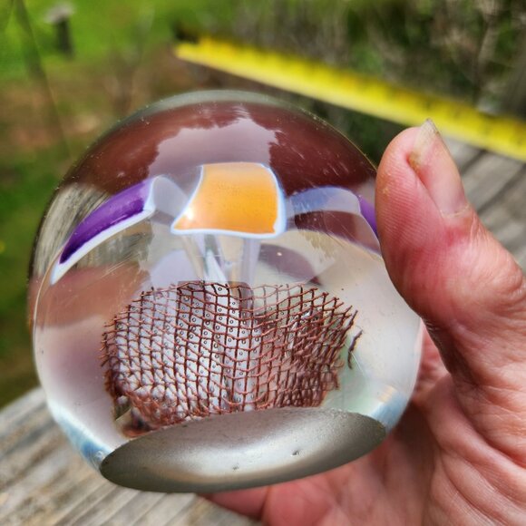 Vintage Handblown Glass Paperweight With Purple & Amber Swirls Copper Mesh Cente - Picture 9 of 10